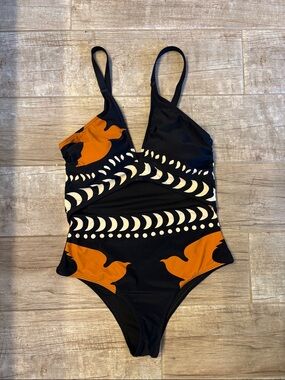 Commense Black One-Piece with Orange & Cream Graphic Print- NWT